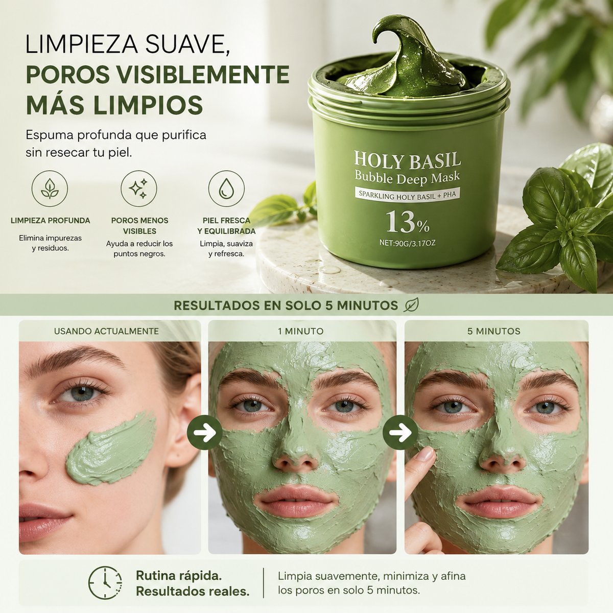 Mascarilla Facial Holy Basil de Arcilla con Efecto Burbujeante