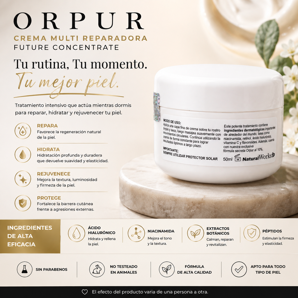 Crema Multirreparadora Orpur con Colágeno, Niacinamida y Vitamina E