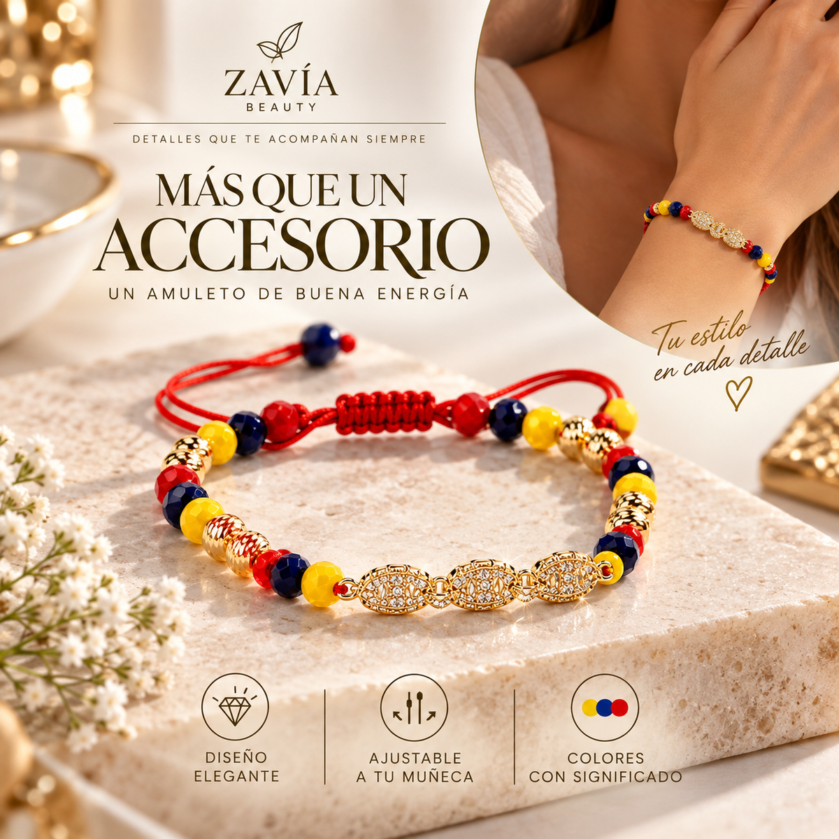 Pulsera Tricolor Ajustable en Oro Laminado