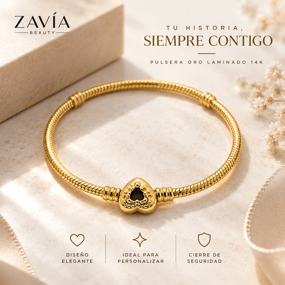 Pulsera Oro Laminado 14K · Estilo Charms con Cierre de Seguridad