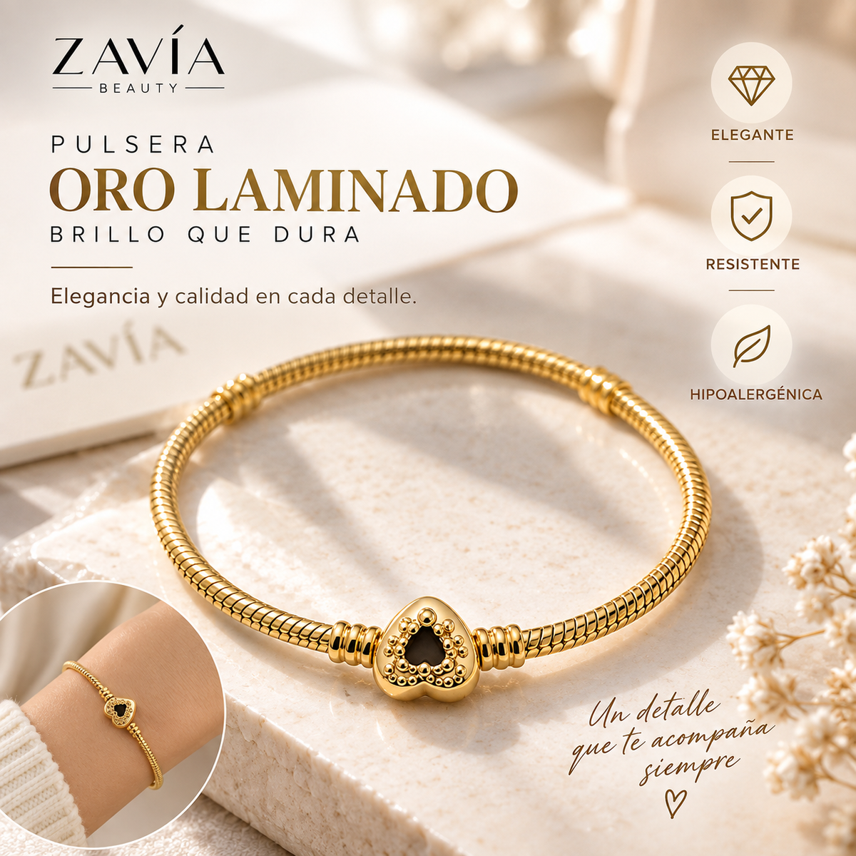 Pulsera Oro Laminado 14K · Estilo Charms con Cierre de Seguridad