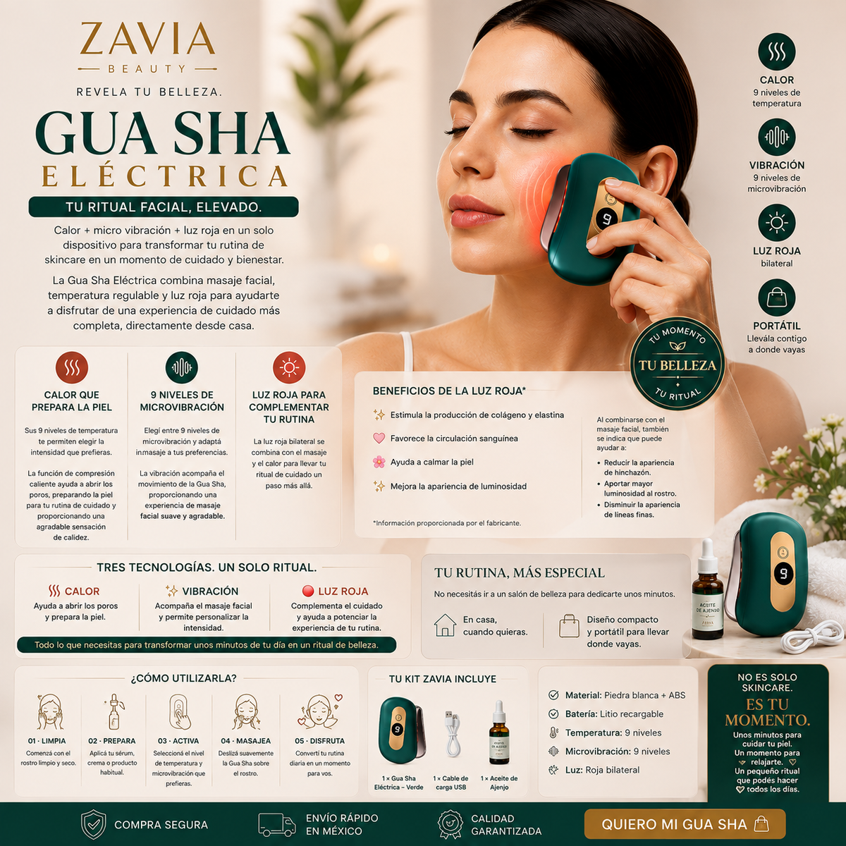 Gua Sha Eléctrica Facial · Calor, Vibración y Luz Roja