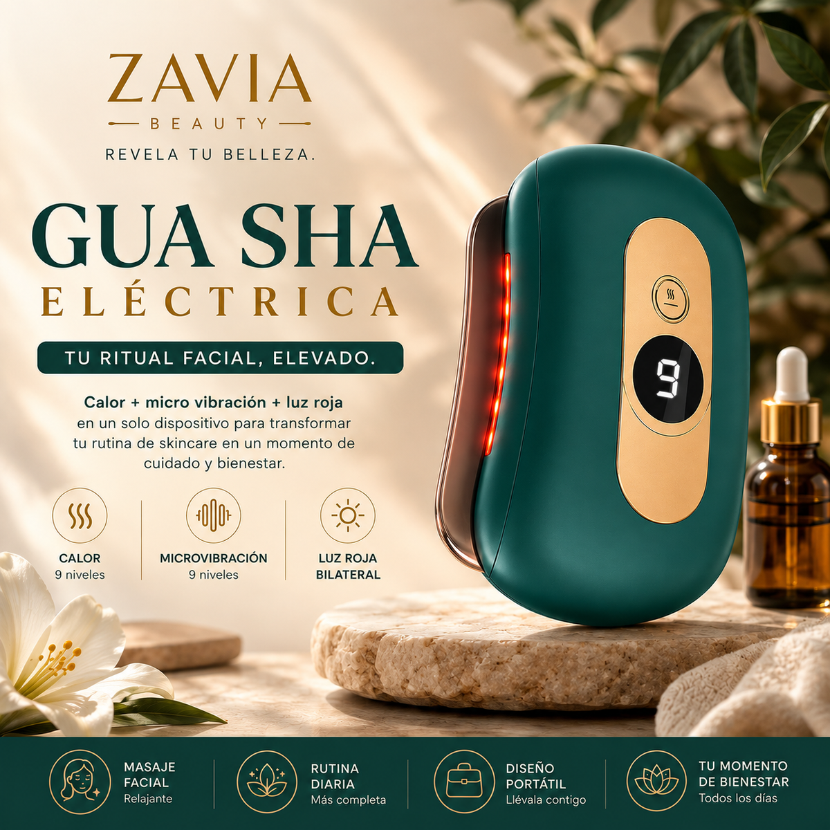Gua Sha Eléctrica Facial · Calor, Vibración y Luz Roja