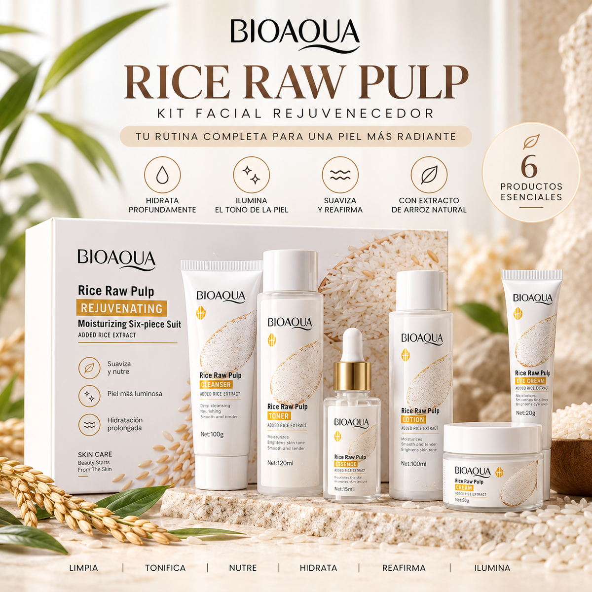 Kit Facial BIOAQUA Rice Raw Pulp de Arroz — 6 Piezas