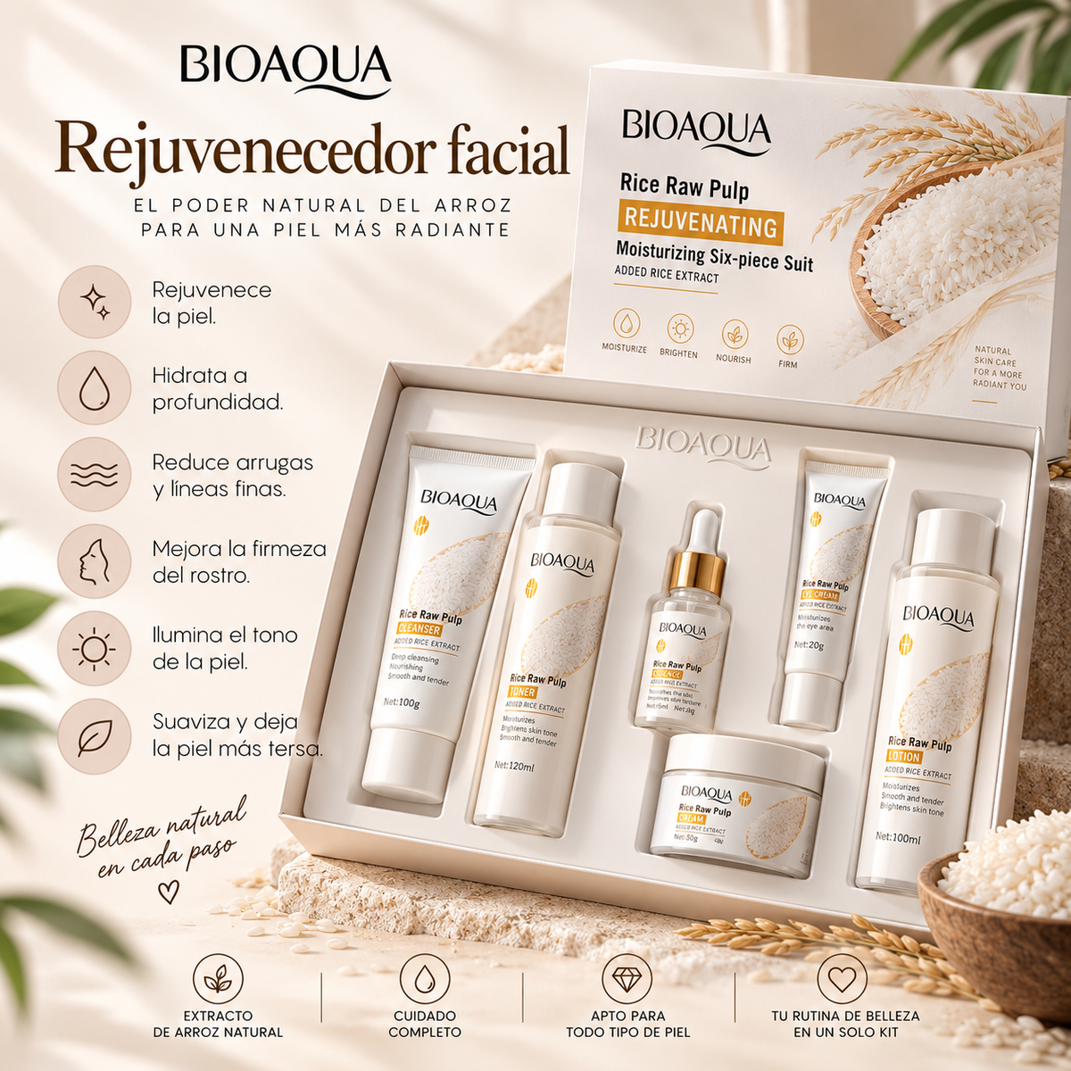 Kit Facial BIOAQUA Rice Raw Pulp de Arroz — 6 Piezas