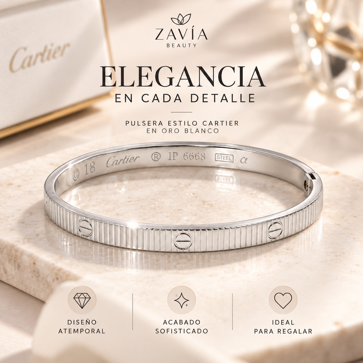 Pulsera Estilo Cartier Oro Blanco | Diseño Elegante y Moderno